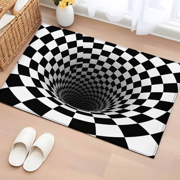 3D Optical Illusion Entryway Rug 2'x3' Non Slip Front Door Mats, Black White Checkered Gingham Plaid Vortex Entrance Rugs Indoor Outdoor Carpet, Floor Mats Small Area Rug for Bedroom Kitchen