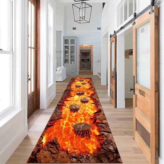 3D Optical Illusion Flame Runner Rug, 2x7ft, Abstract Lava Long Kitchen Rug, Retro Rock Cracks Print for Entryway Indoor Bedroom