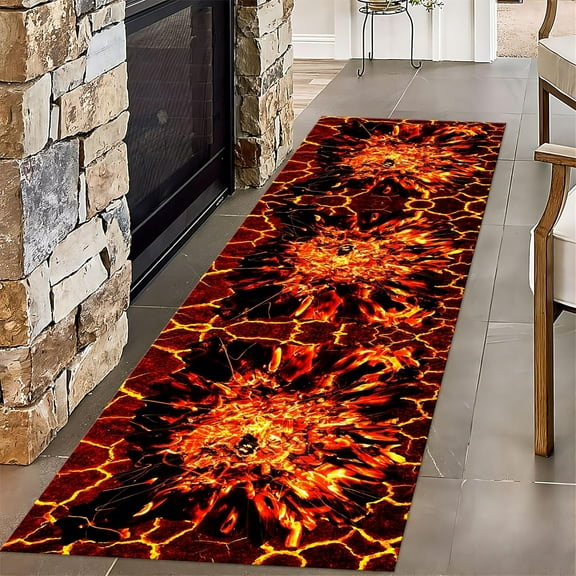 3D Optical Illusion Flame Runner Rug for Hallway 2.6x10ft,Abstract Lava Kitchen Rugs Non Slip Washable,Retro Rock Cracks Suspension Bridge Long Bathroom Rug Laundry Room Runner Rug