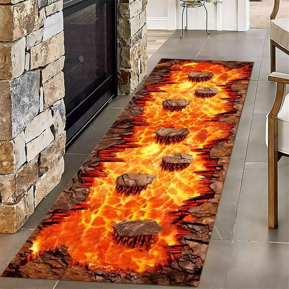 3D Optical Illusion Flame Runner Rug for Hallway 2.6x10ft,Abstract Lava Kitchen Rugs Non Slip Washable,Retro Rock Cracks Suspension Bridge Long Bathroom Rug Laundry Room Runner Rug