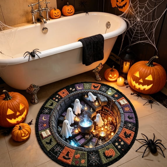 3D Optical Illusion Halloween Rug Spooky Hole Pumpkin Ghost Printed Circular Floor Mat Non Slip Decorative Round Doormat For Entryway Bedroom Halloween Party
