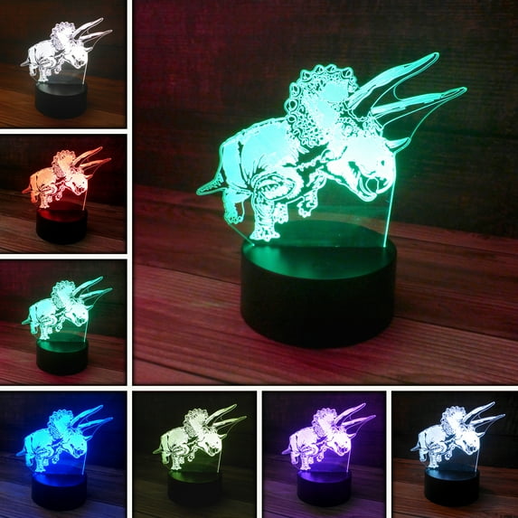 3D Optical Illusion Lamp, Triceratops Dinosaur Desk Light - 7 Color LED Lamp Base with USB or Battery and Touch control Rotating Fade or Solid Color mode. A Nightlight for Kids, Gift for any age.