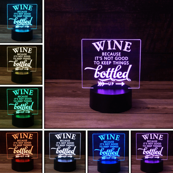 3D Optical Illusion Lamp, Wine Lover Desk Light, 7 Color LED Base Lamp with USB, Battery, and a Touch control Rotating Fade or Solid Color mode. Gift for Adults.