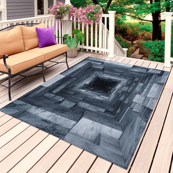 3D Optical Illusion Outdoor Rug 3x5 Ft, Non Slip Washable Area Rug, Visual Trap Looks Like Holes Blue Patio Rugs Carpet Runner, Large Floor Mat for Indoor/Outdoor Deck Porch Camping