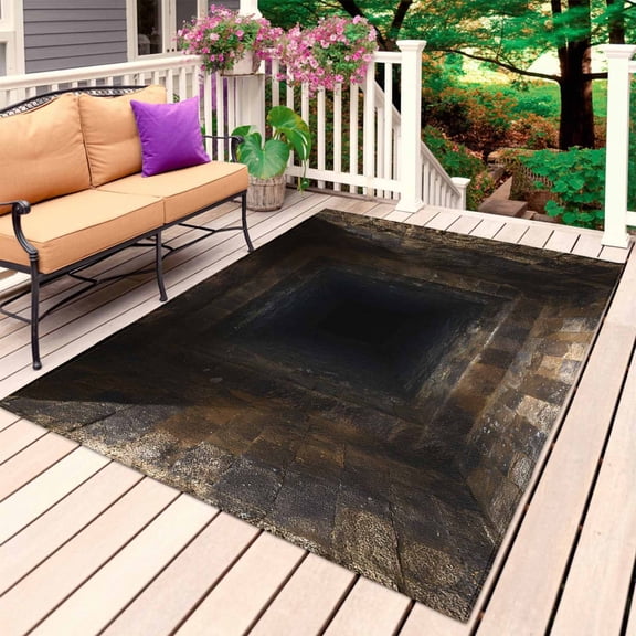 3D Optical Illusion Outdoor Rug 3x5 Ft, Non Slip Washable Area Rug, Visual Trap Looks Like Holes Brown Patio Rugs Carpet Runner, Large Floor Mat for Indoor/Outdoor Deck Porch Camping