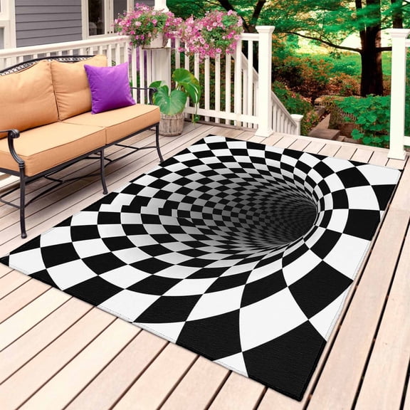 3D Optical Illusion Outdoor Rug 4x6 Ft, Non Slip Washable Area Rug, Black White Checkered Gingham Plaid Vortex Patio Rugs Carpet Runner, Large Floor Mat for Indoor/Outdoor Deck Porch Camping