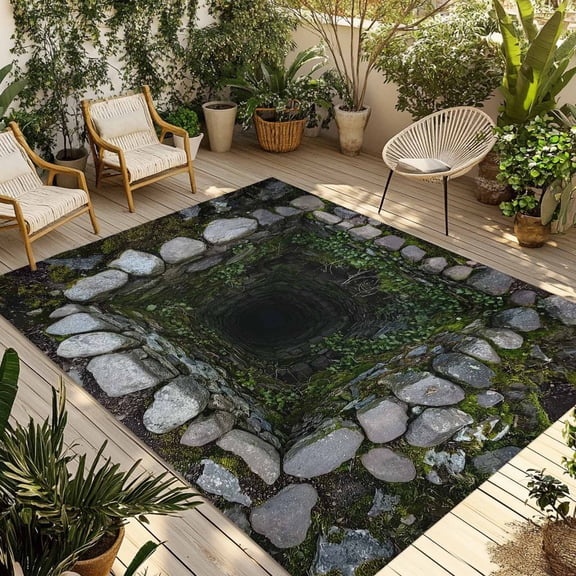 3D Optical Illusion Outdoor Rug 4x6 Ft - Reversible Patio Rug Outdoor Camping Rugs, Visual Trap Looks Like Holes Teal Grey Indoor Outdoor Area Rugs, Non-Slip Outdoor Carpet Runner for Deck/Porch