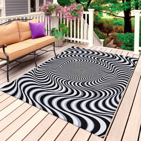 3D Optical Illusion Outdoor Rug for Patio/Deck/Porch, Non-Slip Large Area Rug 3 x 5 Ft, Abstract Geometric Lines Black White Indoor Outdoor Rugs Washable Area Rugs, Camping Rug Carpet Runner