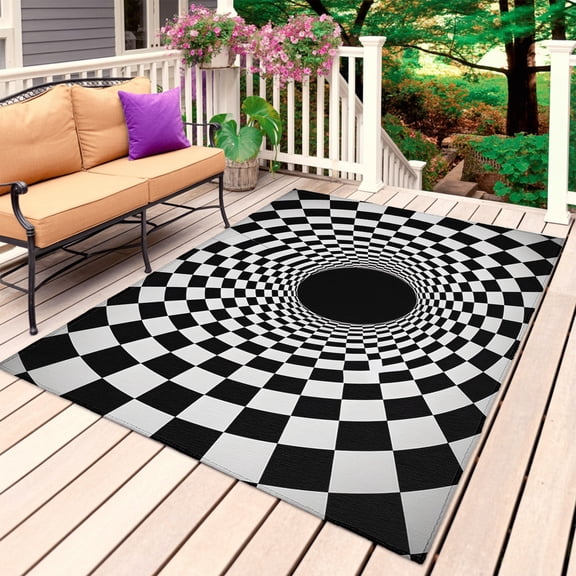 3D Optical Illusion Outdoor Rug for Patio/Deck/Porch, Non-Slip Large Area Rug 3 x 5 Ft, Black White Checkered Buffalo Plaid Indoor Outdoor Rugs Washable Area Rugs, Camping Rug Carpet Runner
