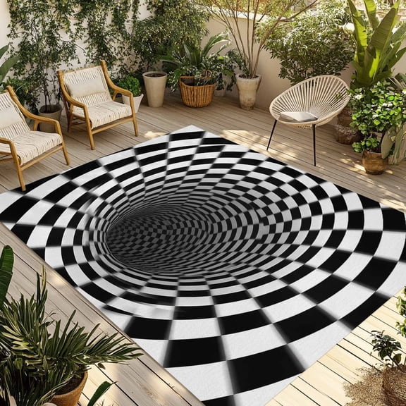 3D Optical Illusion Outdoor Rug for Patio/Deck/Porch, Non-Slip Large Area Rug 3 x 5 Ft, Black White Checkered Plaid Visual Trap Indoor Outdoor Rugs Washable Area Rugs, Camping Rug Carpet Runner