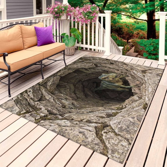 3D Optical Illusion Outdoor Rug for Patio/Deck/Porch, Non-Slip Large Area Rug 3 x 5 Ft, Nature Dinosaur Stones Brown Indoor Outdoor Rugs Washable Area Rugs, Reversible Camping Rug Carpet Runner