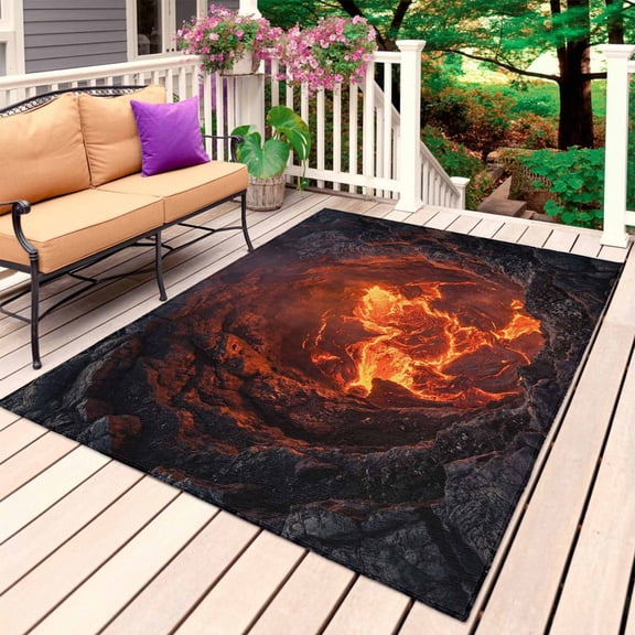 3D Optical Illusion Outdoor Rug for Patio/Deck/Porch, Non-Slip Large Area Rug 3 x 5 Ft, Nature Red Volcanos Landscape Indoor Outdoor Rugs Washable Area Rugs, Reversible Camping Rug Carpet Runner