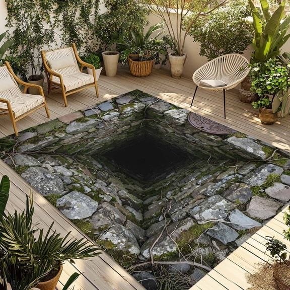 3D Optical Illusion Outdoor Rug for Patio/Deck/Porch, Non-Slip Large Area Rug 3 x 5 Ft, Visual Trap Looks Like Holes Teal Indoor Outdoor Rugs Washable Area Rugs, Reversible Camping Rug Carpet Runner