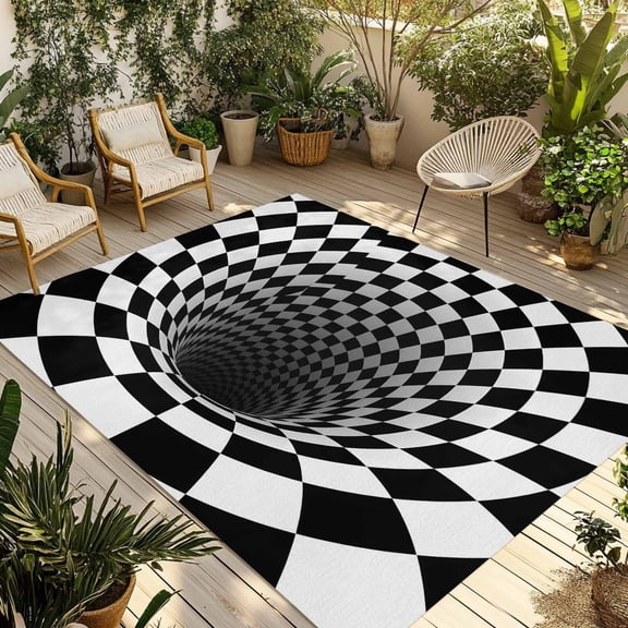3D Optical Illusion Outdoor Rug for Patio/Deck/Porch, Non-Slip Large Area Rug 4 x 6 Ft, Black White Checkered Gingham Plaid Vortex Indoor Outdoor Rugs Washable Area Rugs, Camping Rug Carpet Runner