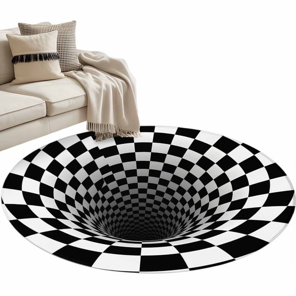 3D Optical Illusion Round Area Rugs Collection 3', Black White Checkered Gingham Plaid Vortex Non Slip Indoor Circular Throw Runner Rug Floor Mat Carpet for Living Room Dining Table Bedroom Nursery