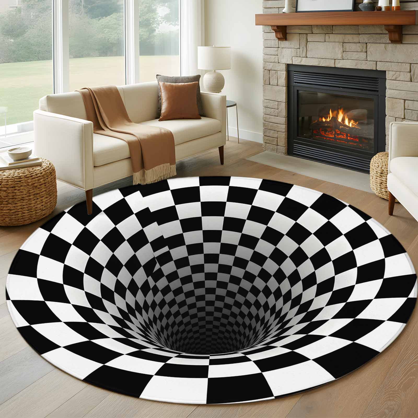 3D Optical Illusion Round Rug 8ft Washable Circle Rugs Non Slip Black ...