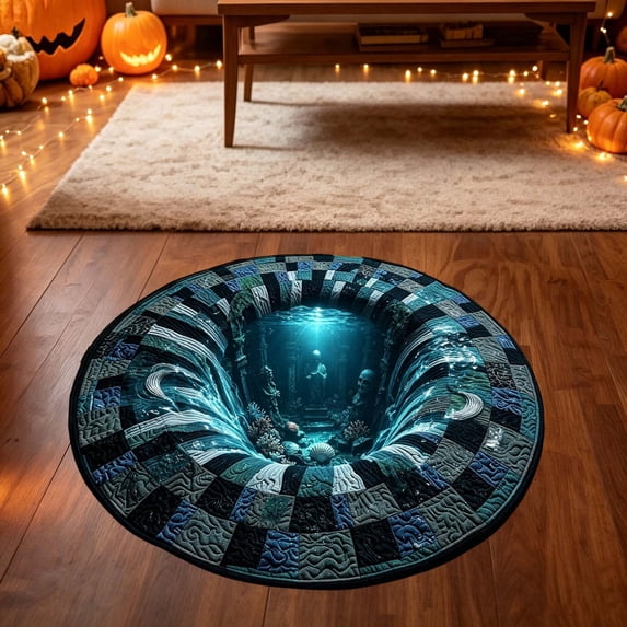 3D Optical Illusion Round Rug With Underwater Tunnel And Skeleton Fossil Patterns Quilted Floor Mat For Halloween Home Decor 31.5x31.5 Inch