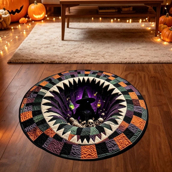 3D Optical Illusion Round Rug With Underwater Tunnel And Skeleton Fossil Patterns Quilted Floor Mat For Halloween Home Decor 31.5x31.5 Inch
