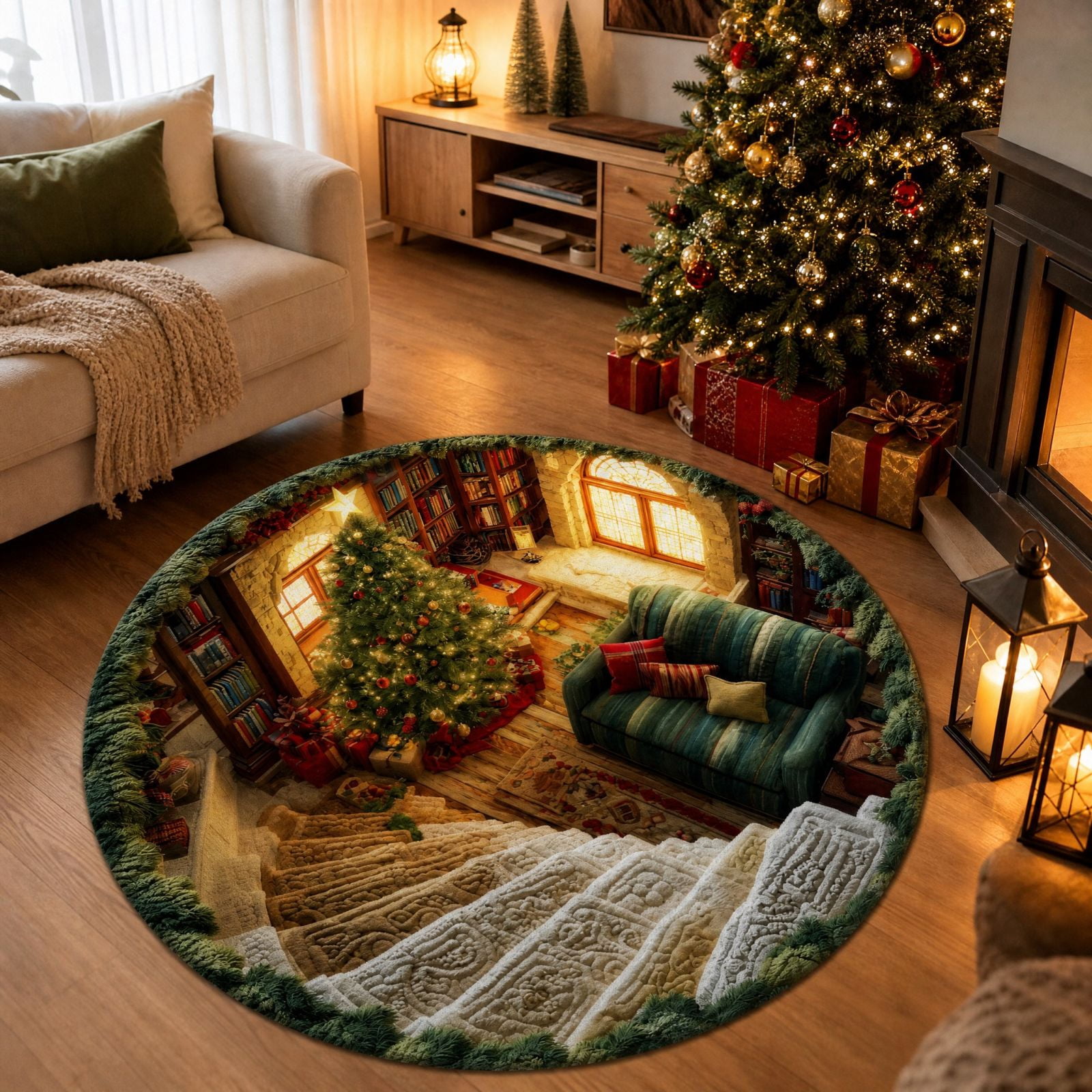 Tree Designed Rugs 3D Optical Illusion Round Rug with Non-Slip Backing, 39 Inch, Christmas ...