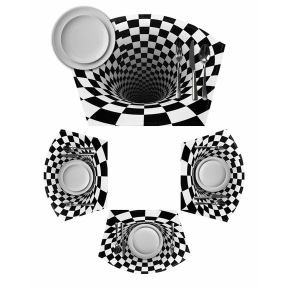 3D Optical Illusion Round Table Placemats Set of 2 Wedge Placemats, Black White Checkered Gingham Plaid Vortex Place Mats for Dining Table Set Washable Mats Kitchen Decor for Indoor Outdoor