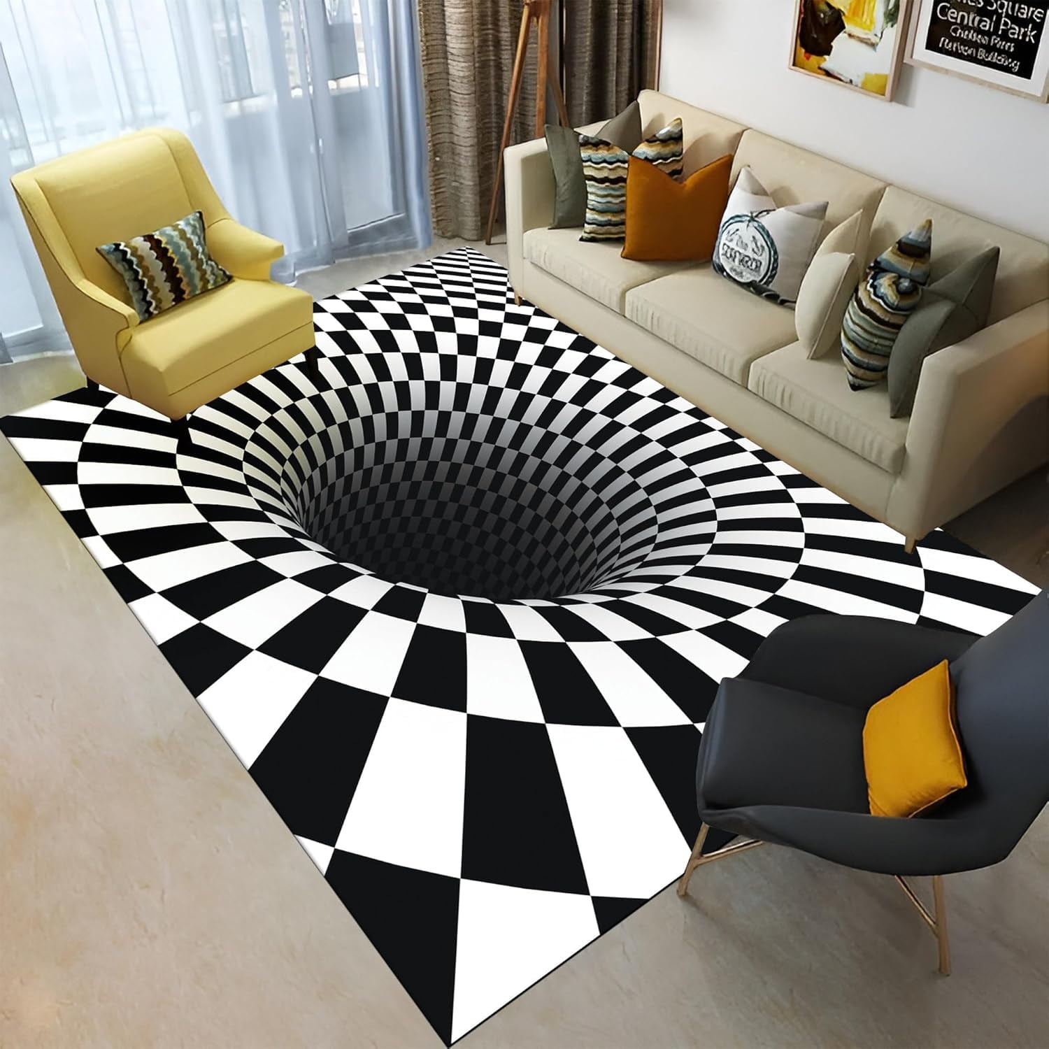 3D Optical Illusion Rug,Black And White Vortex Washable Non-Slip ...