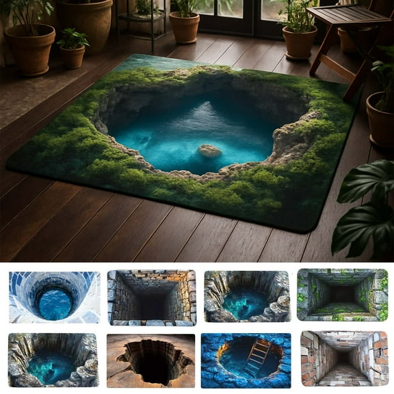 3D Optical Illusion Rug - Bottomless Hole Doormat, Creative 3D Print Entrance Rug, Non-Slip Indoor Outdoor Floor Mat for Living Room & Entryway, Eye-Catching Home Decor Rug, 15.7*23.6in, I