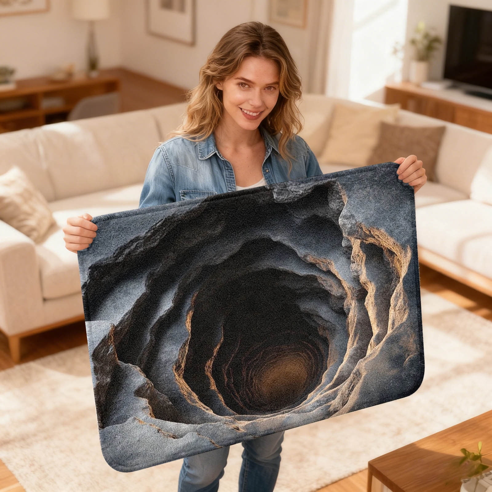 Visual Trap 3D Optical Illusion Rug, Grey Rock Layer Vortex, Realistic Stone Spiral ...