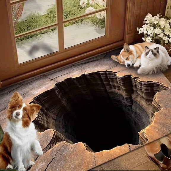 3D Optical Illusion Rug with Hole Effect – Interactive Illusion Rug for Fun Pet Reactions, for Dogs & Cats, Non-Slip Visual Trick Floor Décor for Living Room & Entry Spaces 24 * 35.5in