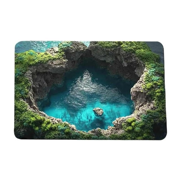 3D Optical Illusion Rug, Non-Slip Floor Mat for Indoor & Outdoor Use, Blue Cave & Stone Visual Illusion Doormat for Bedroom, Living Room, Porch, Terrace and Entrance Decor