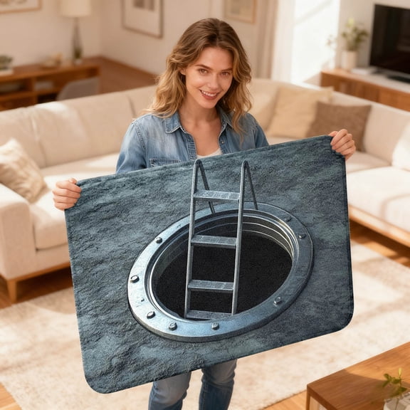 3D Optical Illusion Rug, Realistic Metal Manhole with Ladder, Industrial Sewer Entrance Design, Non- Mat, 20x32 Inch, Funny Trap Prank Carpet for Garage, Man Cave, Urban Style