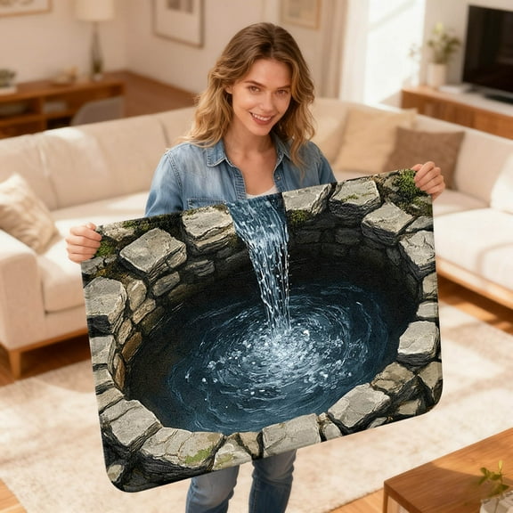 3D Optical Illusion Rug, Realistic Wishing Well with Flowing Water, Stone Effect, Non- Doormat, 20x32 Inch, Deep Pond Visual Trap, Prank Floor Mat for Garden, Patio, Entryway