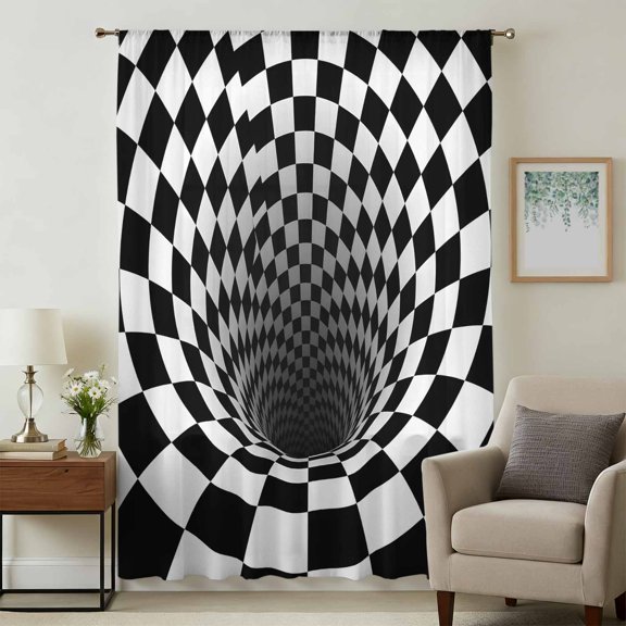 3D Optical Illusion Sheer Curtains 54 Inches Long for Bedroom, Black White Checkered Gingham Plaid Vortex Light Filtering Privacy Drapes, Breathable Semi Sheer Window Treatment for Bathroom Kitchen
