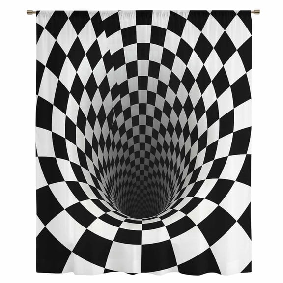 3D Optical Illusion Sheer Curtains 54" Long, Black White Checkered Gingham Plaid Vortex Light Filering Curtains, Breathable Simi Curtain Privacy Drapes for Kitchen Bathroom Small Window Treatment
