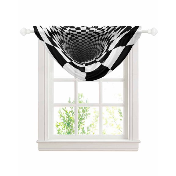 3D Optical Illusion Sheer Waterfall Valance Curtains for Window, Black White Checkered Gingham Plaid Vortex Rod Pocket Sheer Topper Swag Curtains for Living Room, Kitchen 38.5"W x 47.2"L, 1 Panel