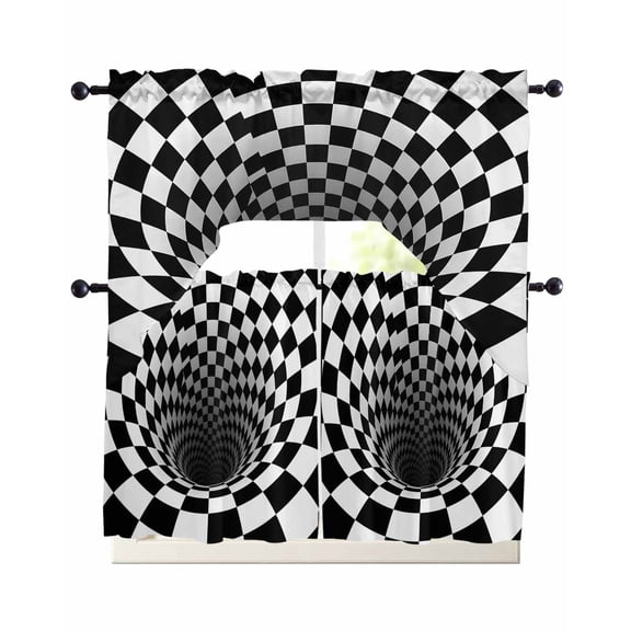 3D Optical Illusion Swag Curtains for Living Room/Bedroom Windows, Black White Checkered Gingham Plaid Vortex Kitchen Curtains and Valances Set 36 Inch Length, Swags Valance Curtain Panels
