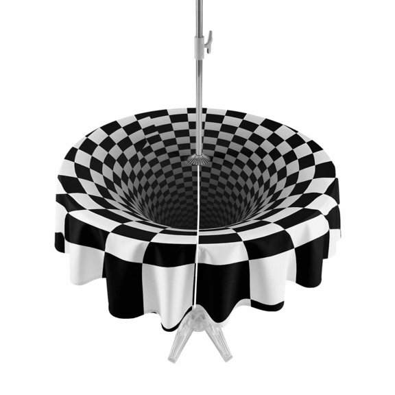 3D Optical Illusion Table Cloth Round Tablecloth, Black White Checkered Gingham Plaid Vortex Waterproof Wrinkleproof Table Cover with Umbrella Hole and Zipper for Party/Dining/Patio/Wedding 60 Inch
