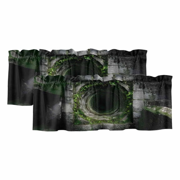 3D Optical Illusion Valances for Windows, Visual Trap Looks Like Holes Green Grey Light Filtering Kitchen Curtains, Rod Pocket Window Valance Curtains for Living Room Bedroom, 54" W x 18" L, 2 Panels