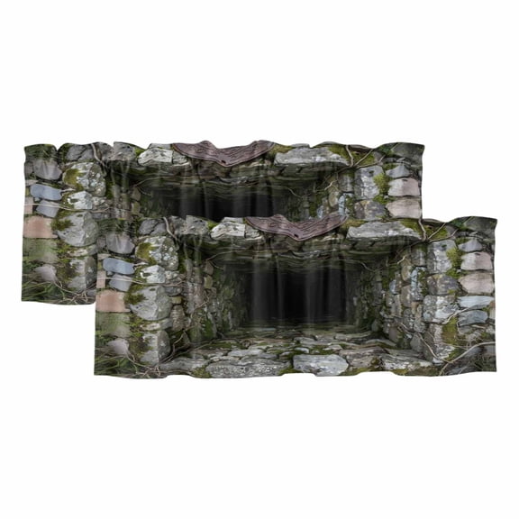 3D Optical Illusion Valances for Windows, Visual Trap Looks Like Holes Teal Light Filtering Kitchen Curtains, Rod Pocket Window Valance Curtains for Living Room Bedroom, 42" W x 12" L, 2 Panels