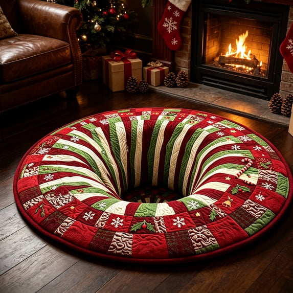 3D Optical Illusion Vortex Christmas Round Rug, Christmas Quilted Patchwork Floor Mat, Non Slip Xmas Decorative Doormat