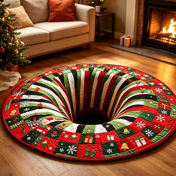 3D Optical Illusion Vortex Christmas Round Rug, Christmas Quilted Patchwork Floor Mat, Non Slip Xmas Decorative Doormat