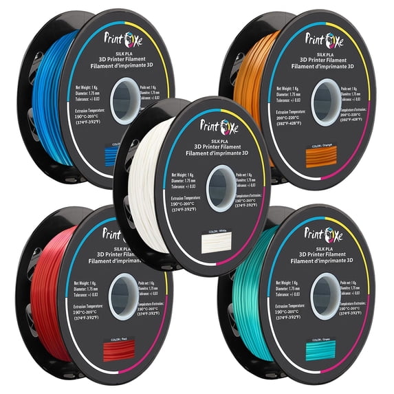 3D PLA like SILK Filament 5 PK of Blue Orange White Red Green Each Weight 1 Kg