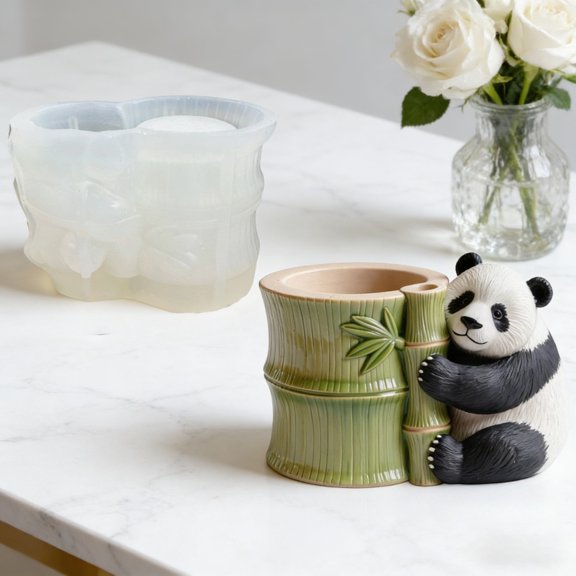 3D Panda & Bamboo Silicone Container Mold - Cute Panda Hugging Bamboo Pen Holder/Succulent Pot Casting Mold for DIY Resin/Concrete/Clay Crafts, Perfect for Desk Organizer, Home Decor