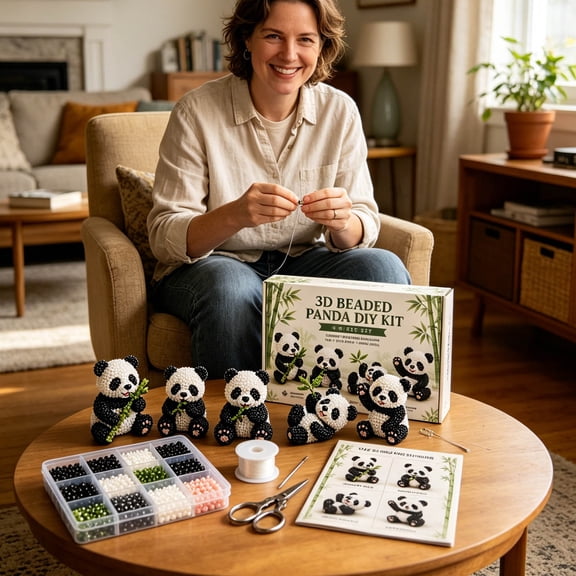 3D Panda Bead Kit & DIY Beaded Animal Craft Set, Pre-Sorted Assorted Beads Complete Handcraft Supplies, for Home Tabletop Ornament Making