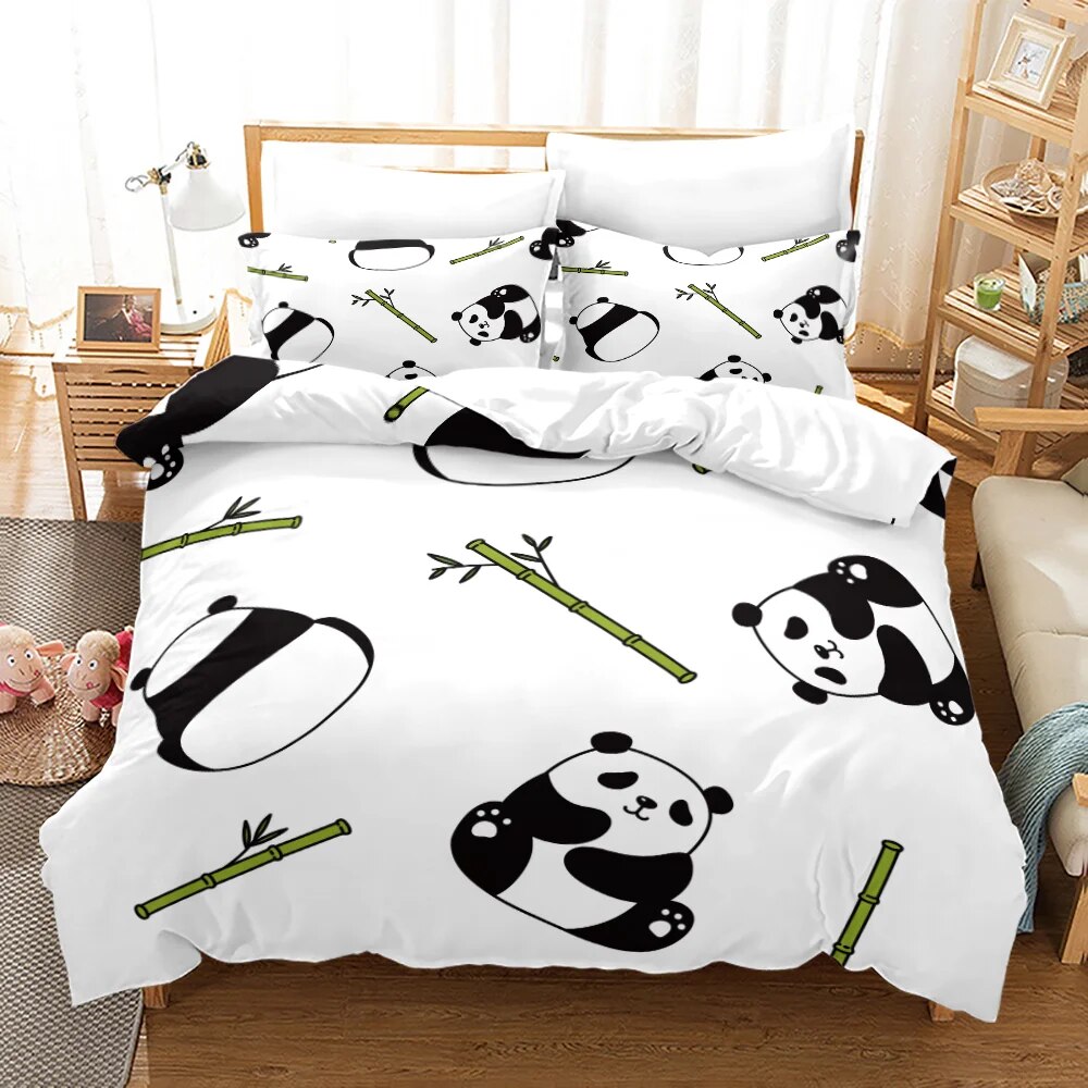 3D Panda Duvet Cover Set King Size Cute Panda Bamboo Bedding Set Black White Bear Polyester