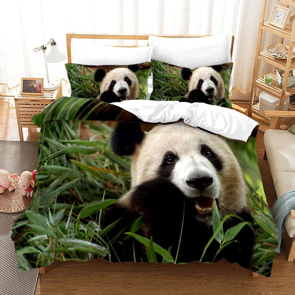 3D Panda Duvet Cover Set King Size Cute Panda Bamboo Bedding Set Black White Bear Polyester