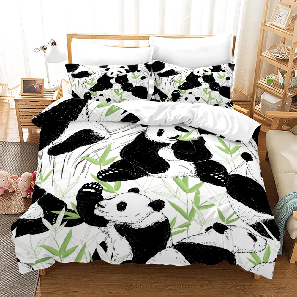 3D Panda Duvet Cover Set King Size Cute Panda Bamboo Bedding Set Black White Bear Polyester