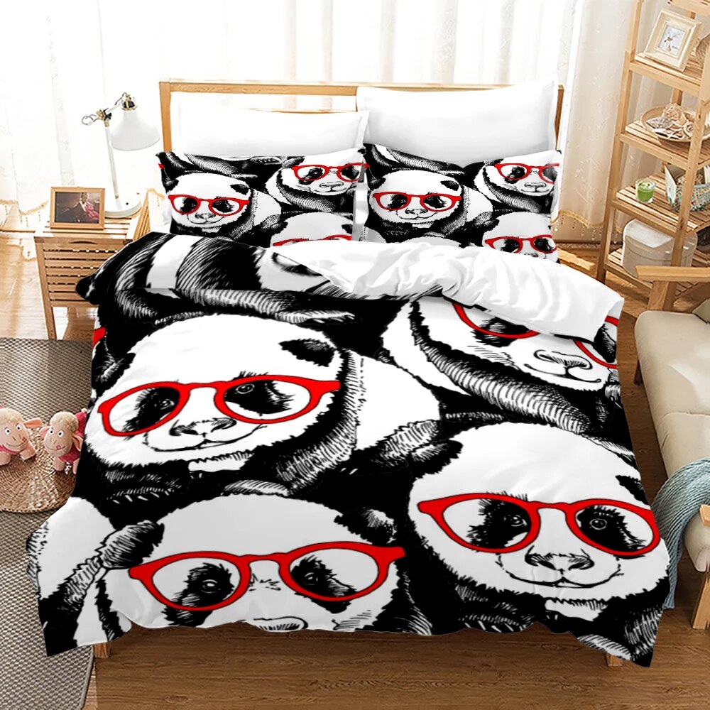 3D Panda Duvet Cover Set King Size Cute Panda Bamboo Bedding Set Black White Bear Polyester