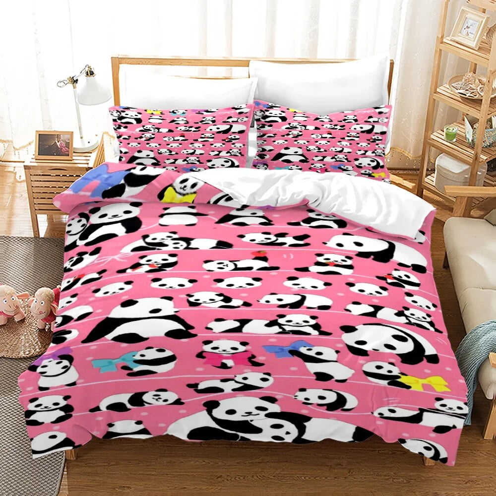 3D Panda Duvet Cover Set King Size Cute Panda Bamboo Bedding Set Black White Bear Polyester