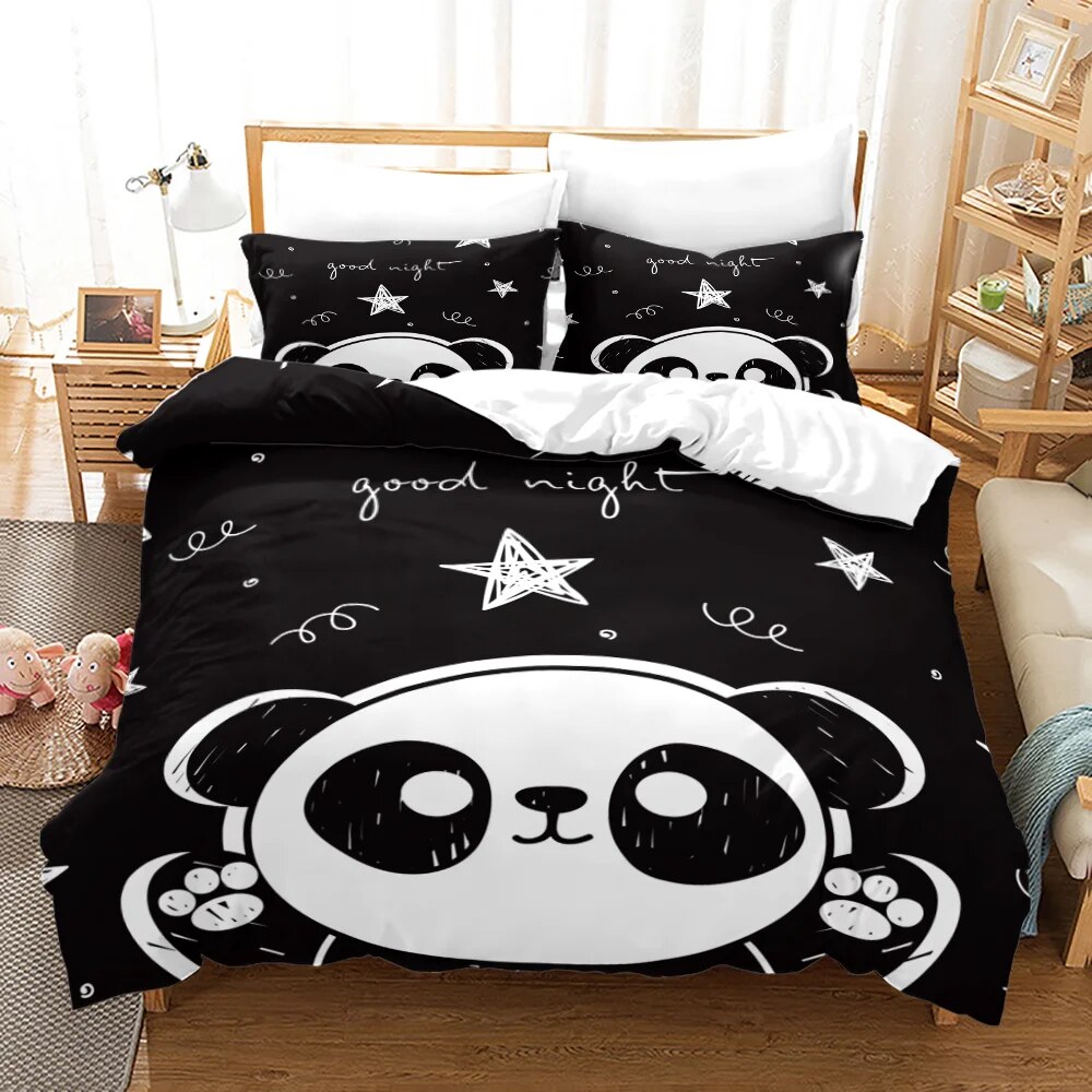 3D Panda Duvet Cover Set King Size Cute Panda Bamboo Bedding Set Black White Bear Polyester