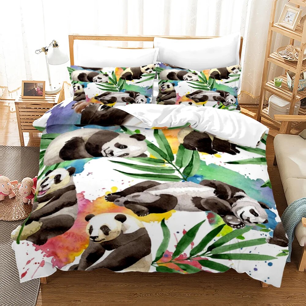 3D Panda Duvet Cover Set King Size Cute Panda Bamboo Bedding Set Black White Bear Polyester